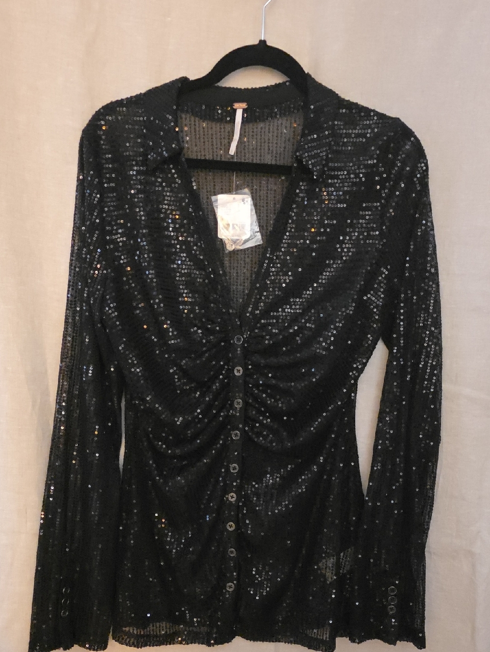 Black Sequin Button-Front Ruched Blouse